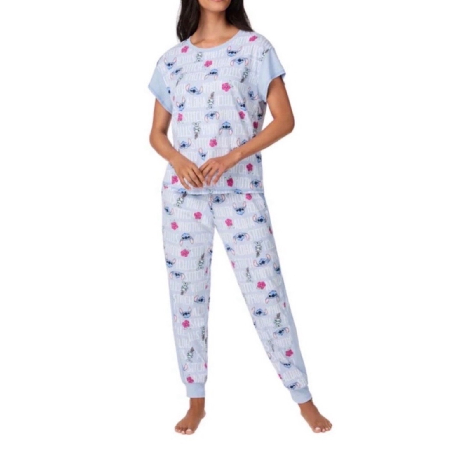 Nwt Size Small Disney Stitch Pajama Set Blue Short Sleeve Jogger Ribbed 2pc Nwt